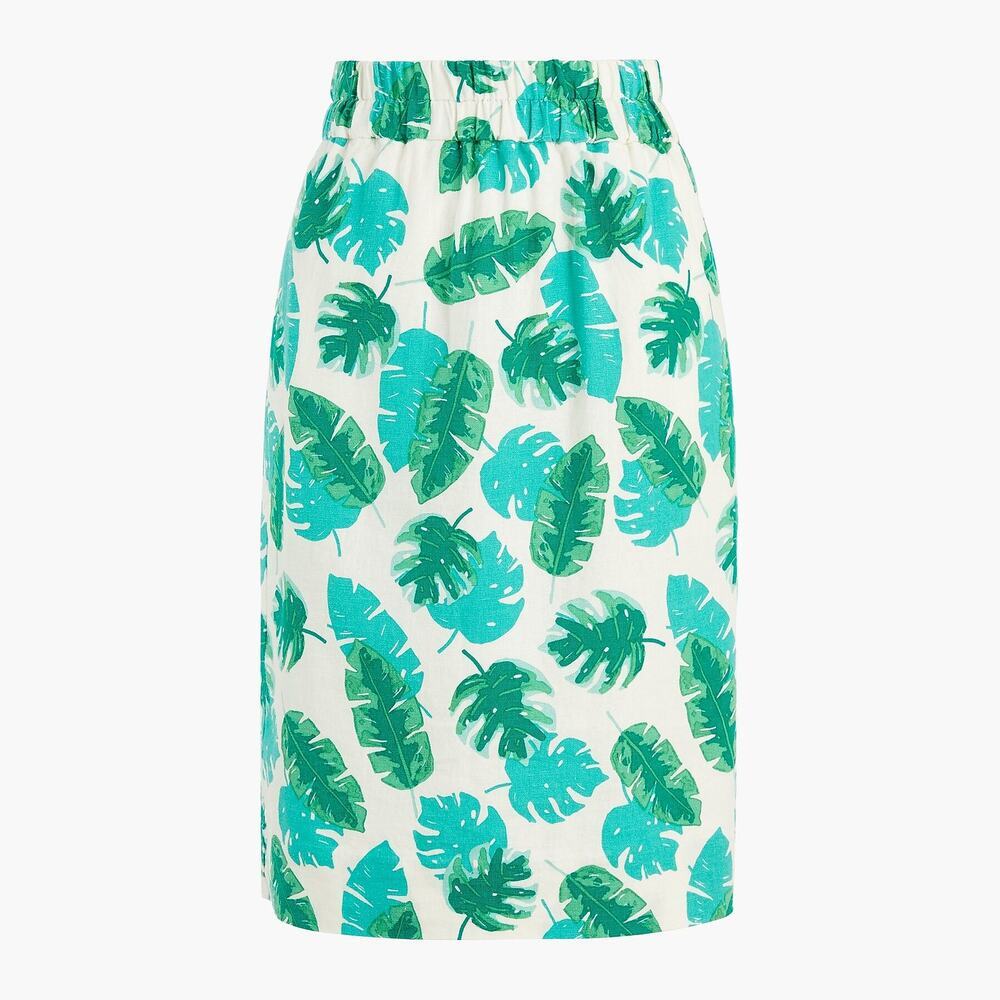 J. Crew Linen-Blend Palm Print Pull-On A-Line Midi Skirt Ivory Green XS NWT